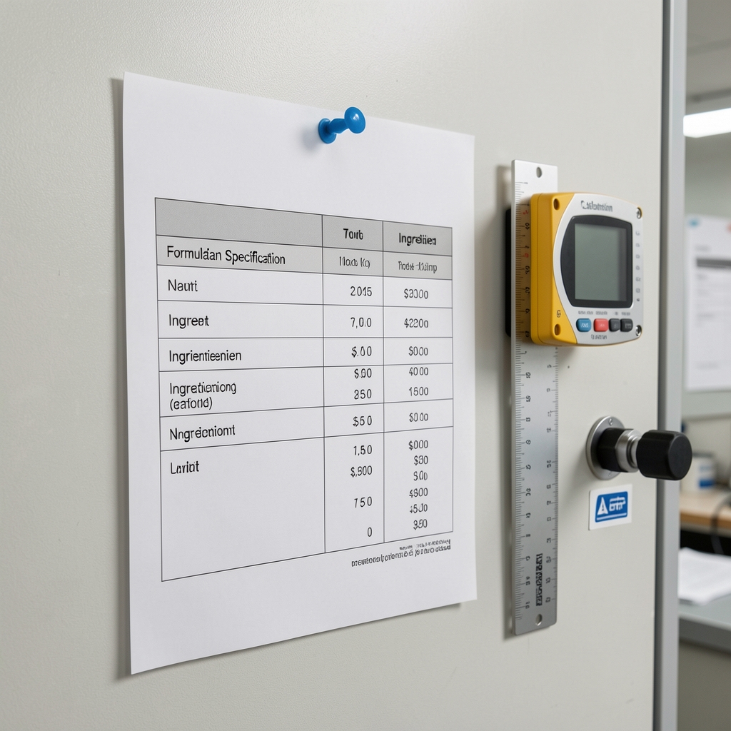 Formulation specification document with printed ingredient ratios and quantities pinned to a studio wall alongside a calibration measurement tool in a clean production planning workspace
