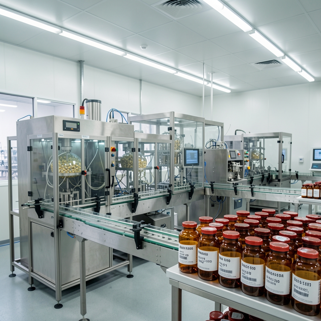 Production area of the Gatemo Jakarta facility showing capsule encapsulation equipment and batch-coded amber containers on a clean production line under bright overhead lighting