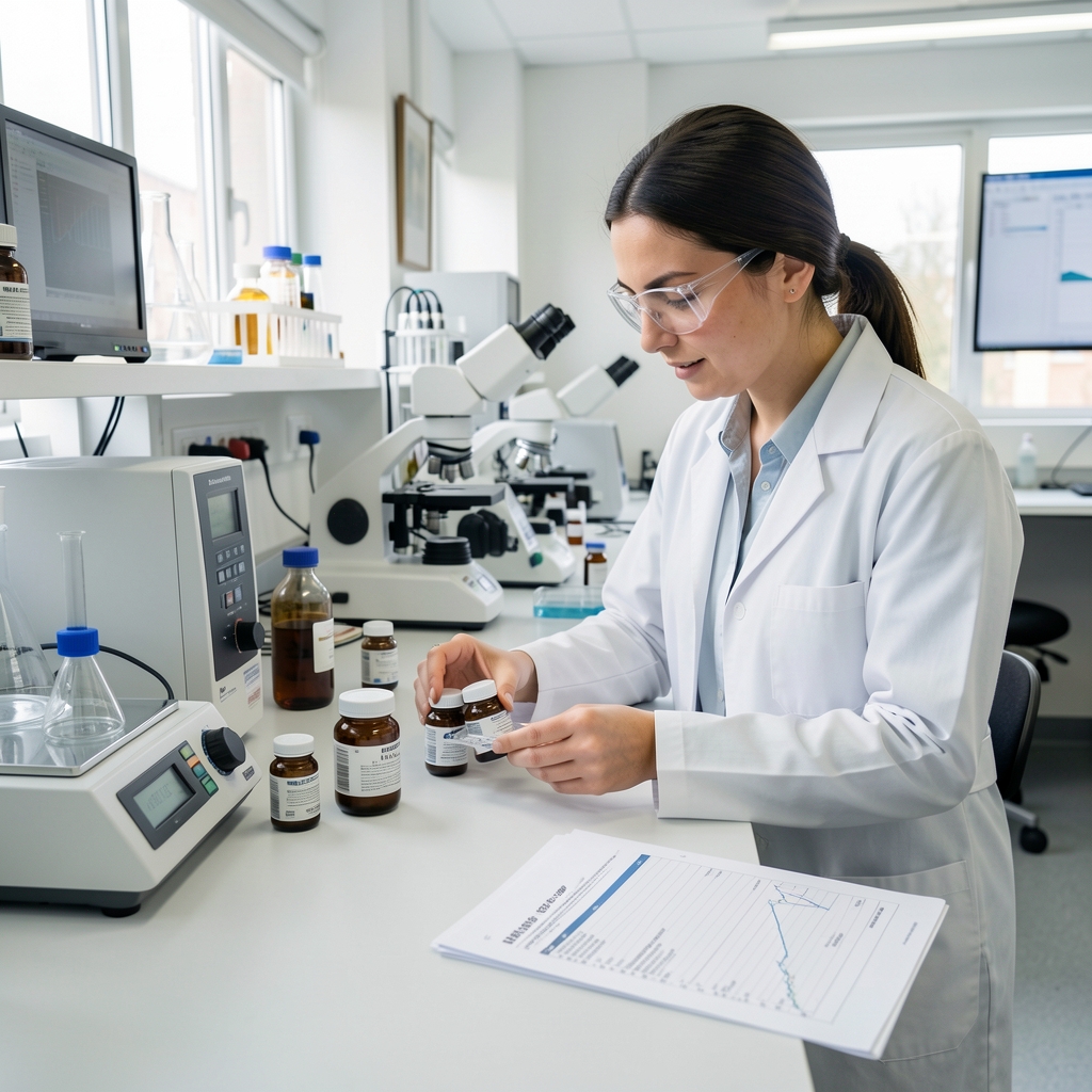 Independent laboratory analyst examining supplement batch samples in a professional analysis environment with test equipment and data printouts on a clean workbench under bright laboratory lighting