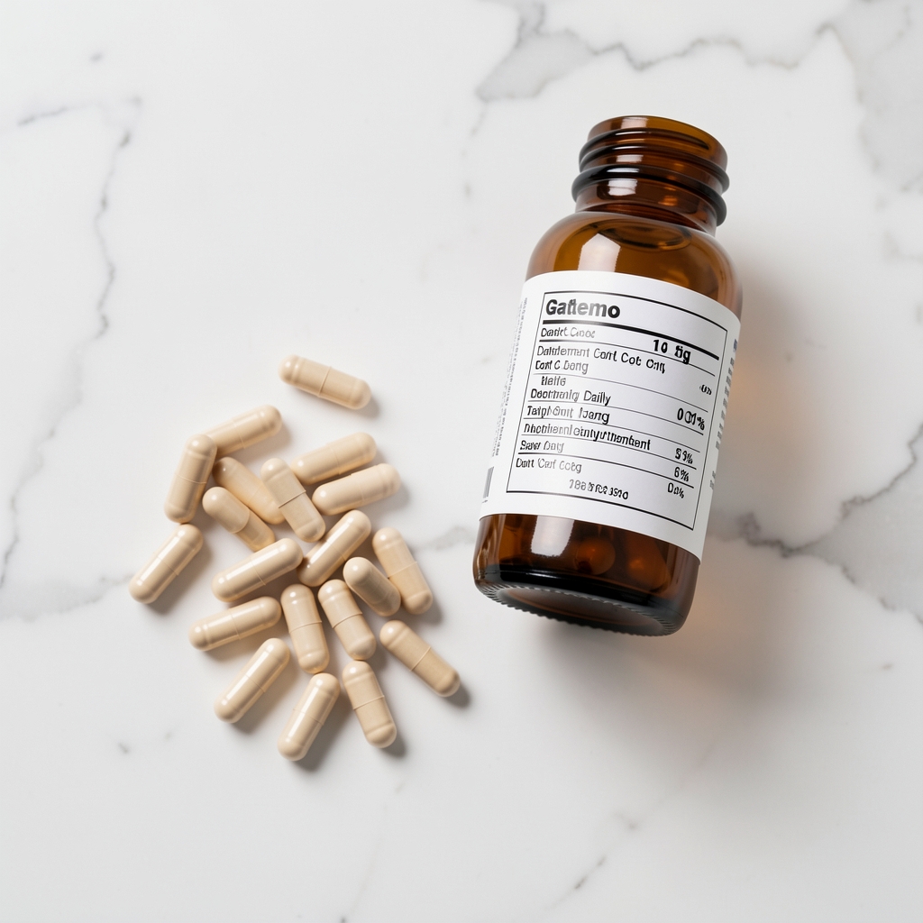 Gatemo daily supplement capsules arranged on a clean white marble surface next to an amber glass bottle with a lot-code label, photographed from above under studio lighting