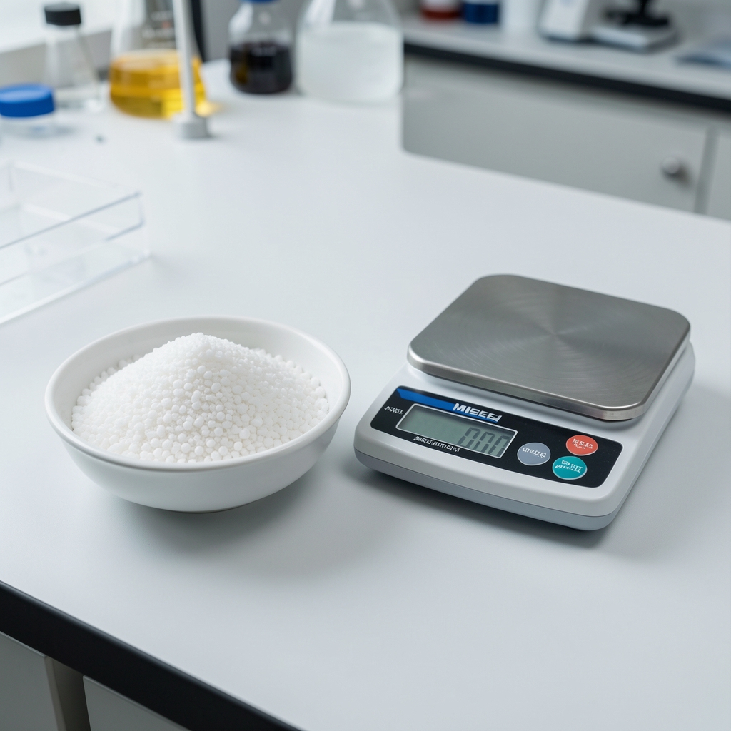 Magnesium citrate granules in a white ceramic dish alongside a digital analytical scale on a clean laboratory workbench with controlled lighting