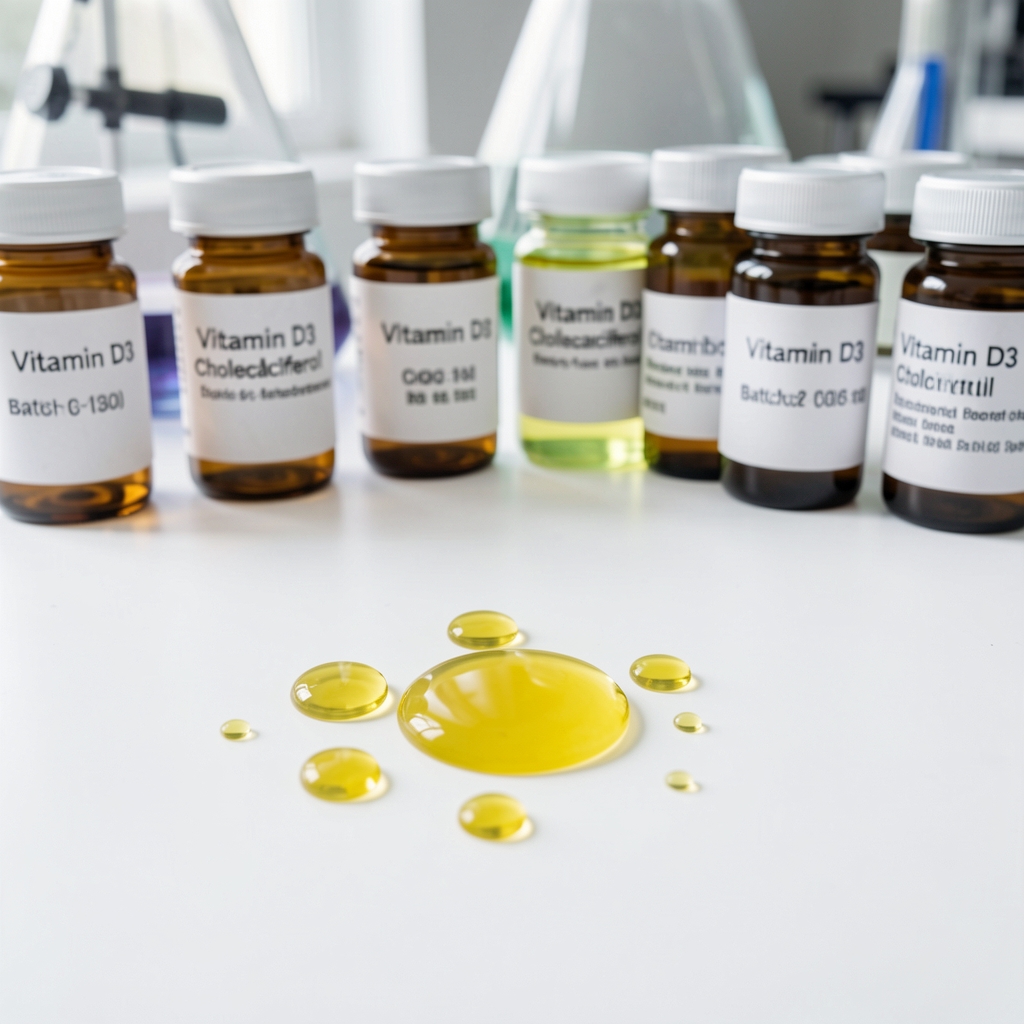 Vitamin D3 cholecalciferol oil droplets on a white laboratory surface in a quality-control environment with batch-coded sample containers arranged in the background