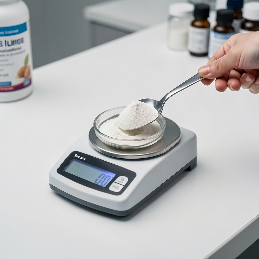 Selenium selenomethionine powder measured into a small precision scale dish on a clean white workbench in a supplement quality-control environment with controlled lighting