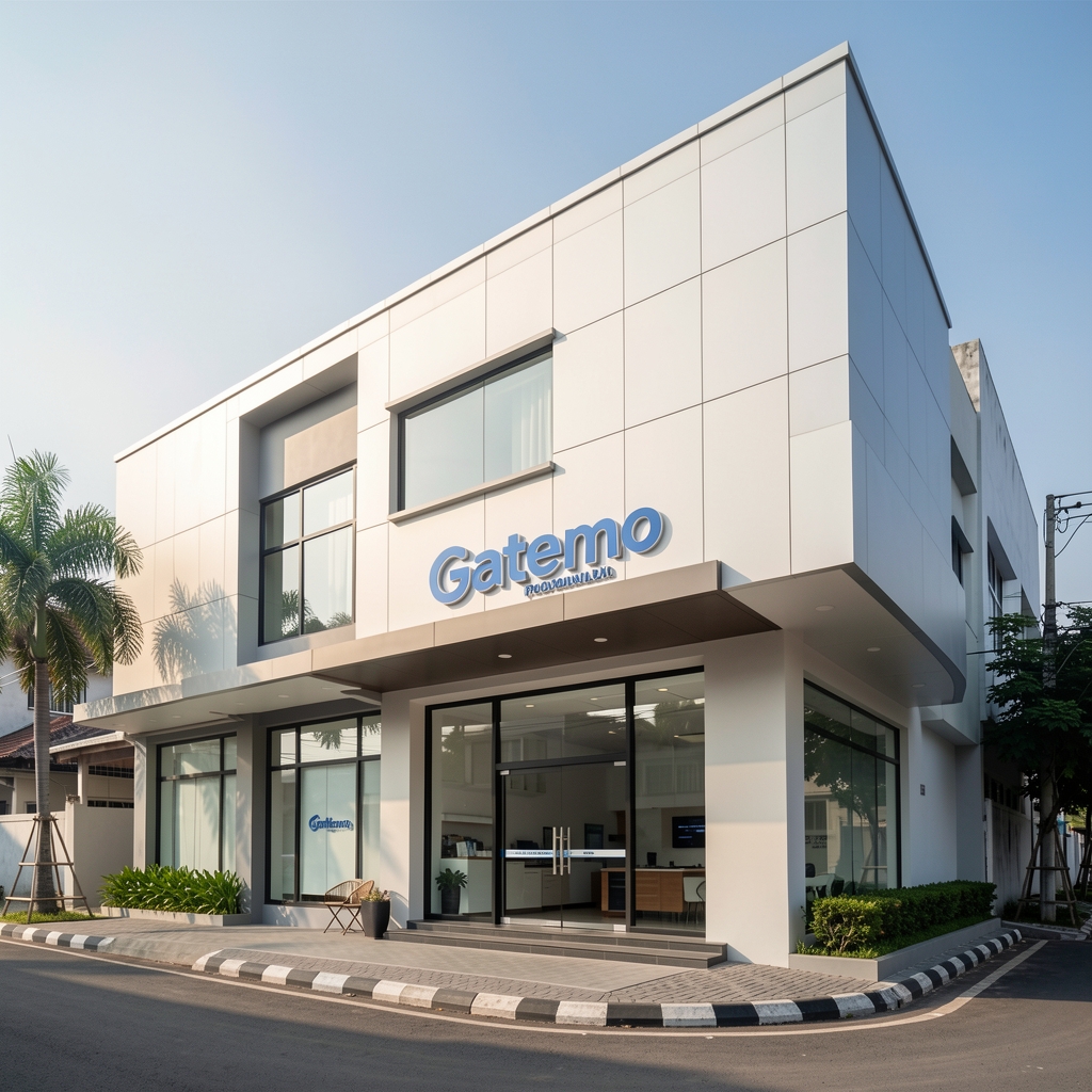 Exterior view of the Gatemo production studio building in the Tanjung Karang district of Jakarta on a clear morning with clean modern facade and street-level entrance