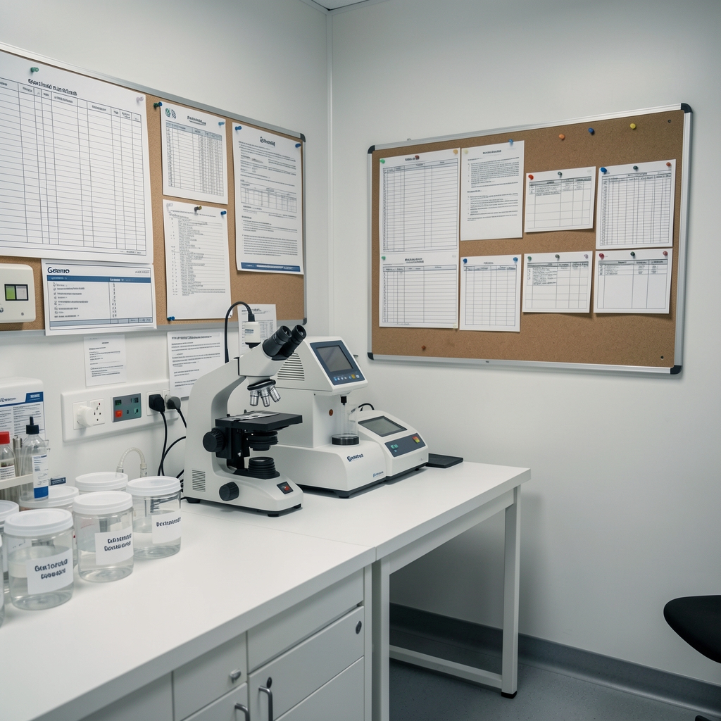 Interior of the Gatemo quality-control area: a clean workspace with white surfaces, labelled containers, analysis equipment, and batch records pinned to a documentation board