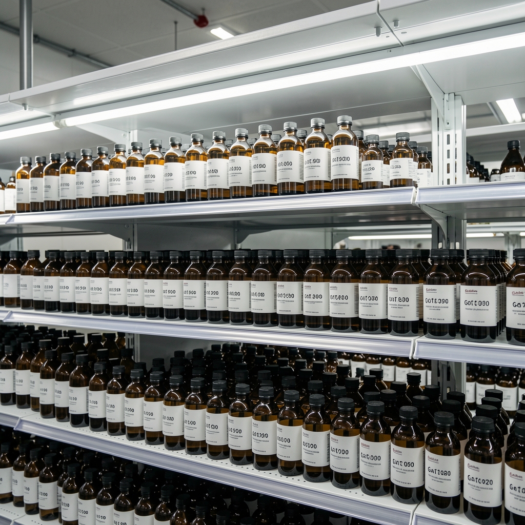Ingredient storage shelves inside the Gatemo facility showing amber bottles with lot-code labels arranged in orderly rows under controlled lighting and temperature conditions